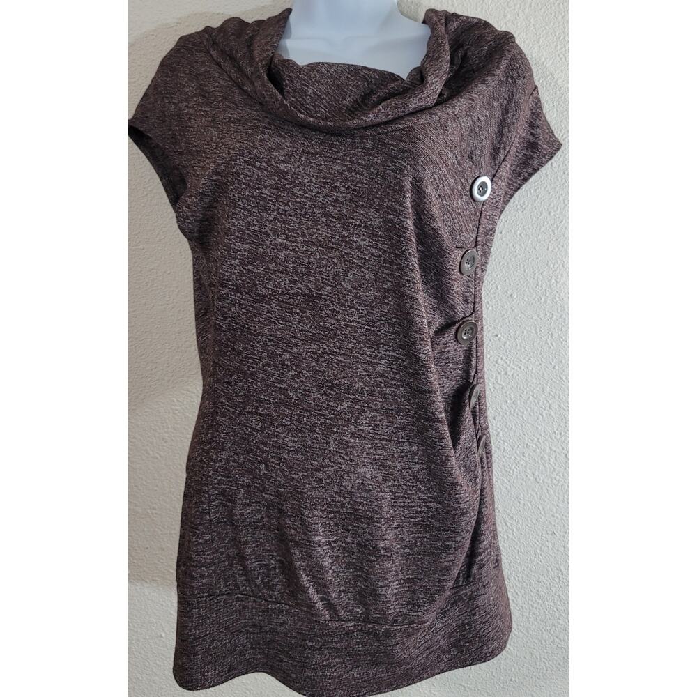 HeartSoul Brown Heathered Cowl Neck Top Large Capped Sleeves Decorative Buttons